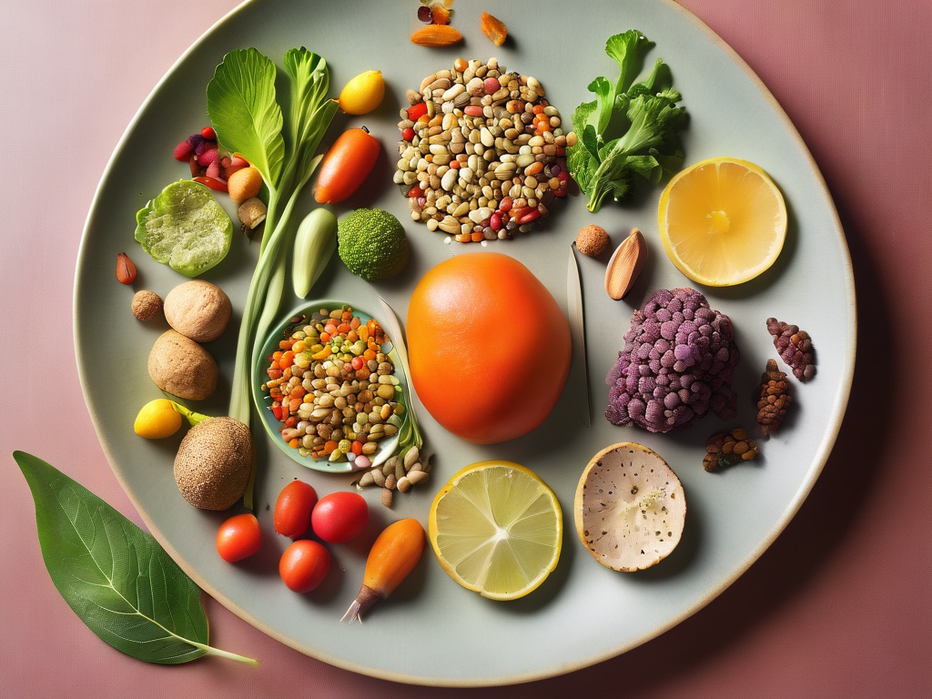 A colorful plant-forward plate of vegetables, legumes, whole grains and fish