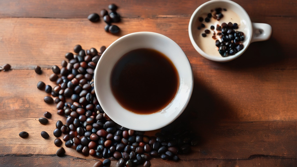 A warm cup of black coffee with coffee beans on a wooden table