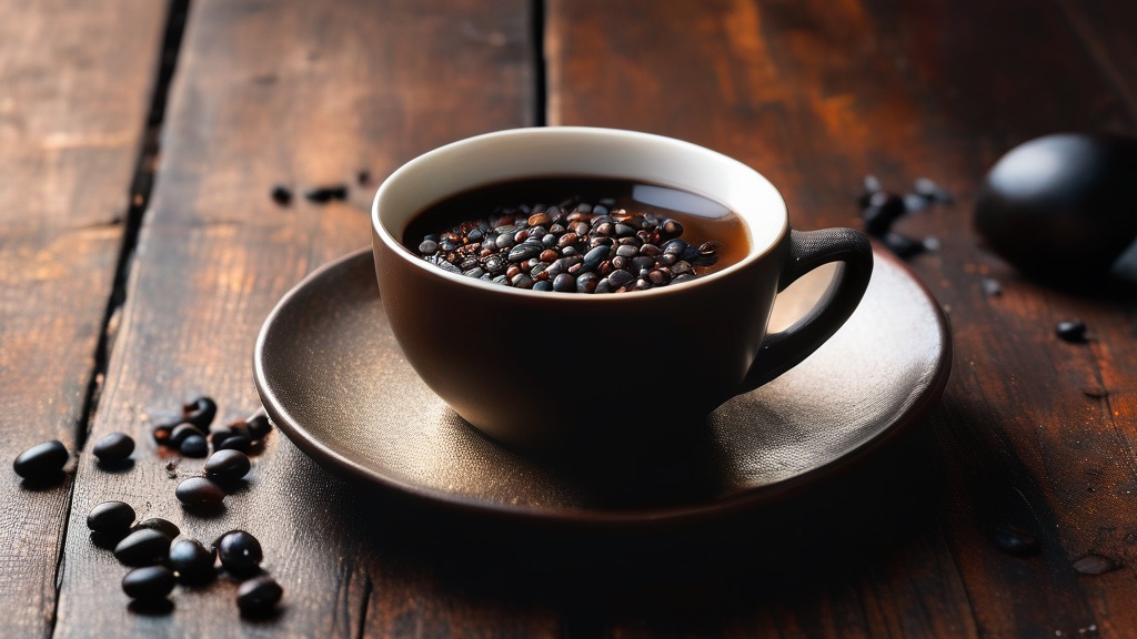 Cup of black coffee with beans