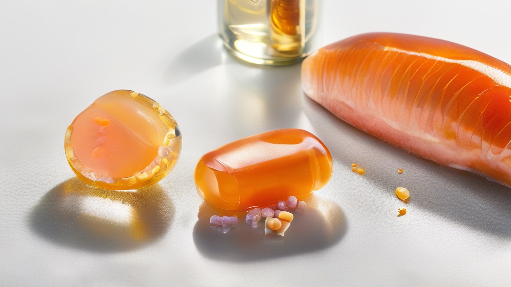 Fish oil omega-3 capsules beside a fresh salmon fillet
