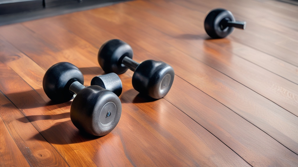 Dumbbells and a kettlebell on a gym floor
