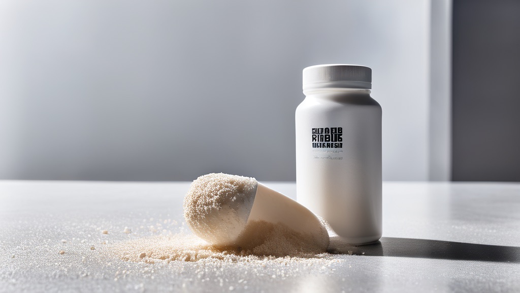 Scoop of supplement powder beside a shaker bottle