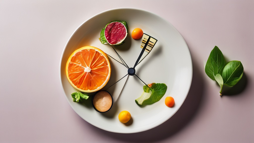 A clock beside a plate of healthy food representing time-restricted eating