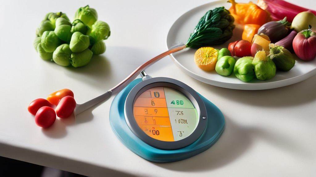 A glucose meter beside a healthy plate of vegetables and lean protein