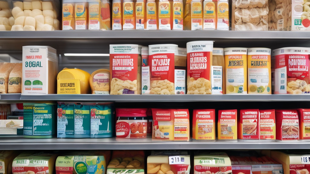 Packaged processed foods with nutrition labels on a shelf
