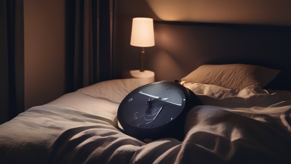 A glowing alarm clock on a nightstand in a dark bedroom at night