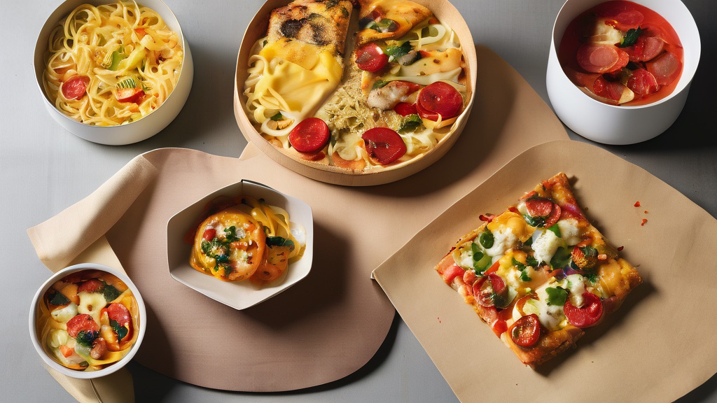 Assorted takeout food containers with pizza, noodles and curry
