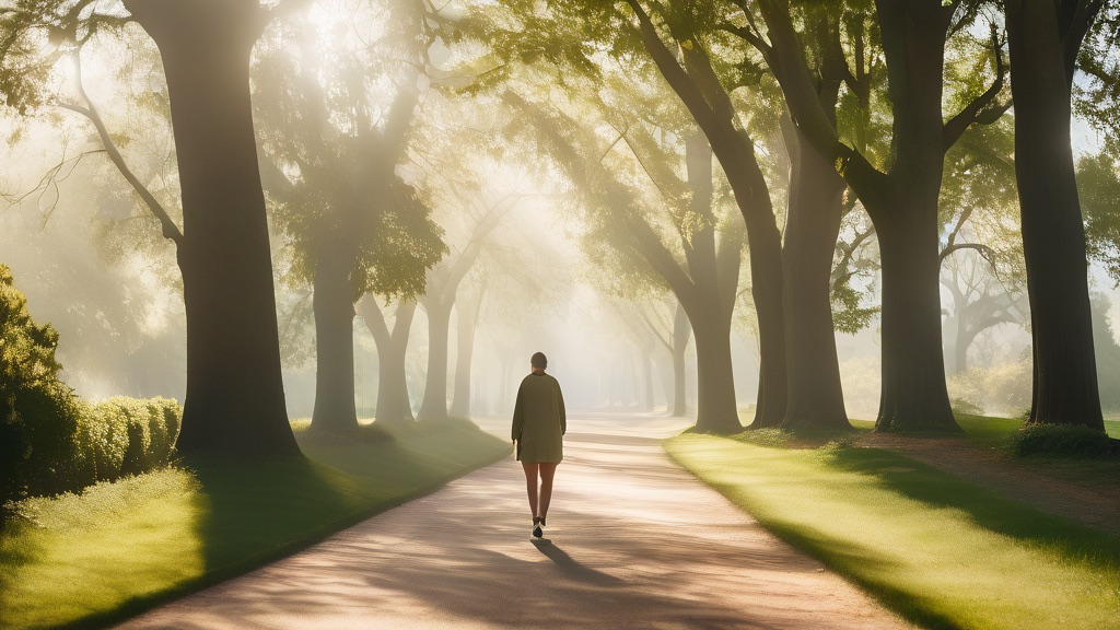 Person walking briskly on a tree-lined park path in morning light