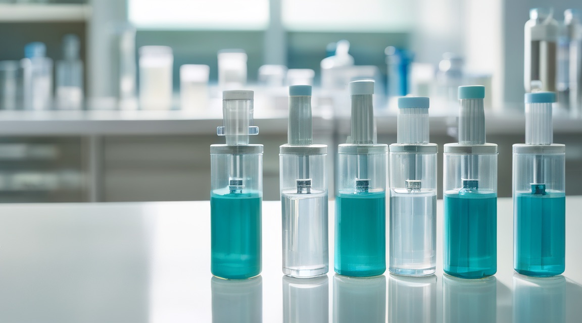Glass vials of blue liquid arranged on a laboratory bench