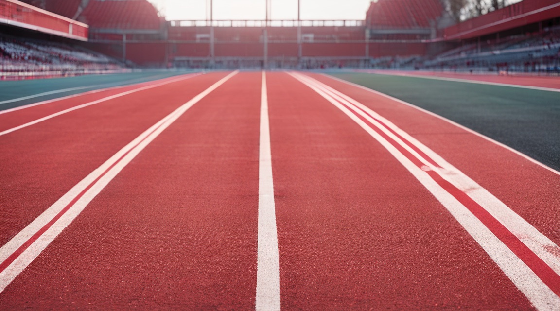 An empty running track lane in early morning light