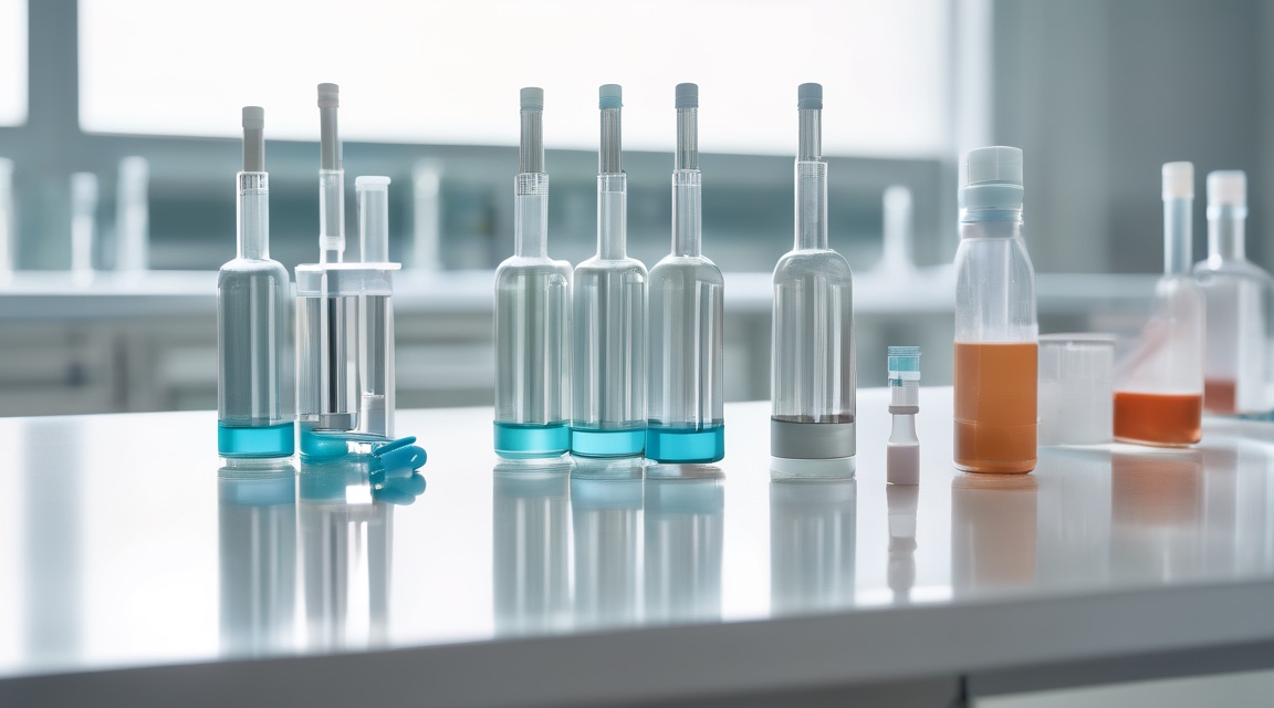 Glass vials arranged on a laboratory bench in soft daylight