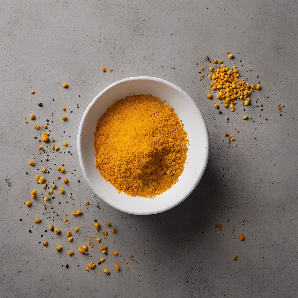 A white bowl of ground turmeric on a grey stone surface, with scattered turmeric granules and dark specks of pepper around it