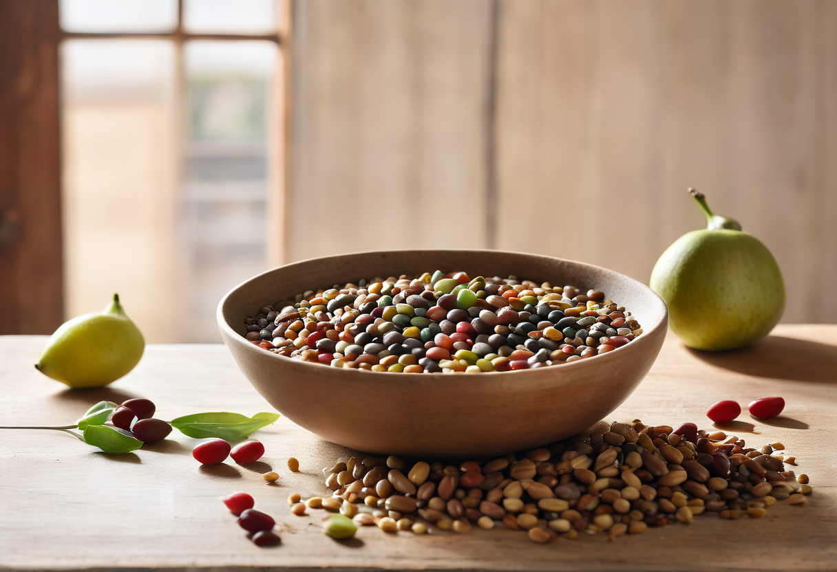 A bowl of mixed beans and lentils on a wooden table beside two pears in window light