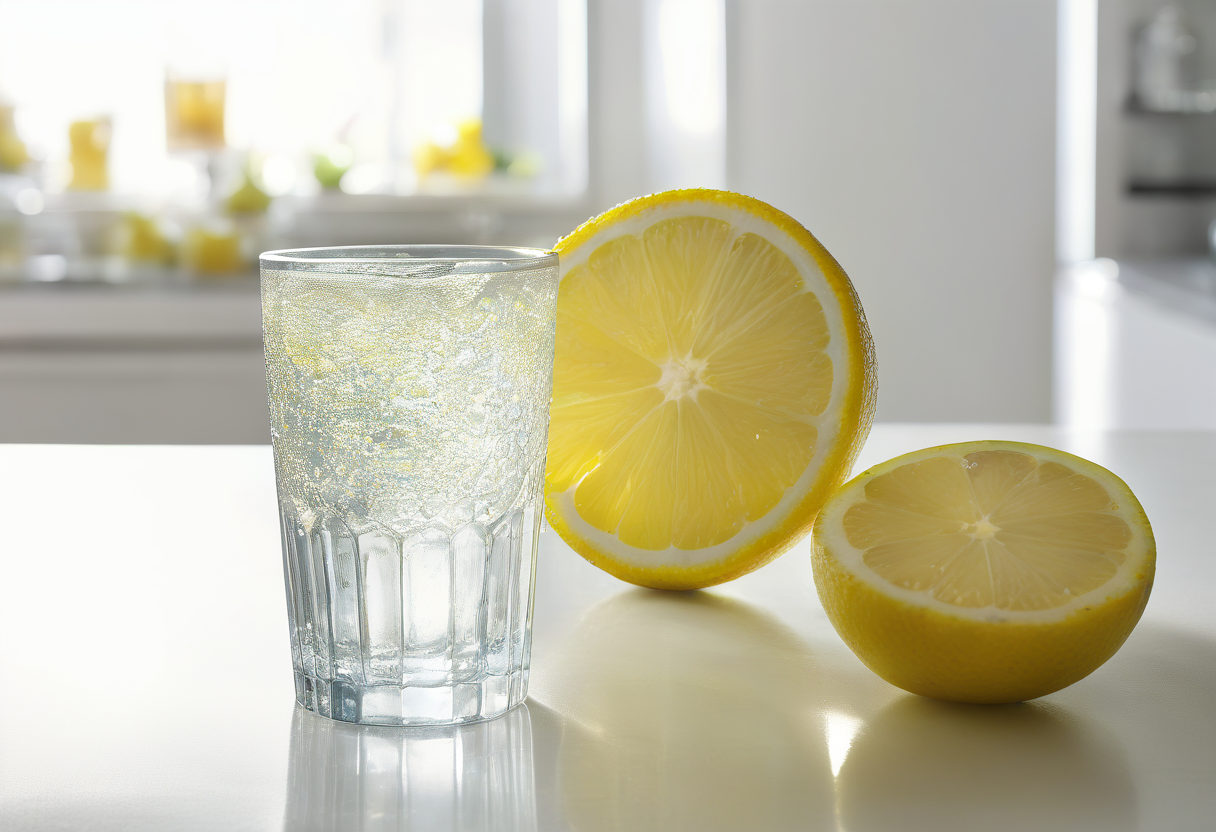 A glass of fizzy water beside two lemon halves on a white kitchen counter