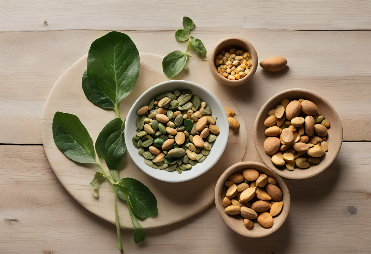 Small bowls of pumpkin seeds, almonds and peanuts beside fresh spinach leaves on a pale wooden table