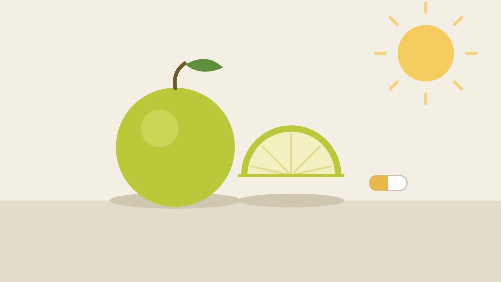 A whole green bergamot fruit, a cut half, a capsule and a sun on a beige background