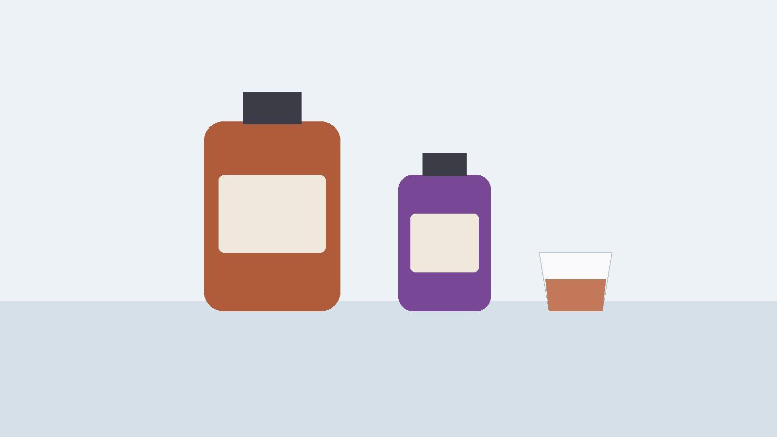 Two unlabelled cough syrup bottles of different sizes and an unmarked dosing cup