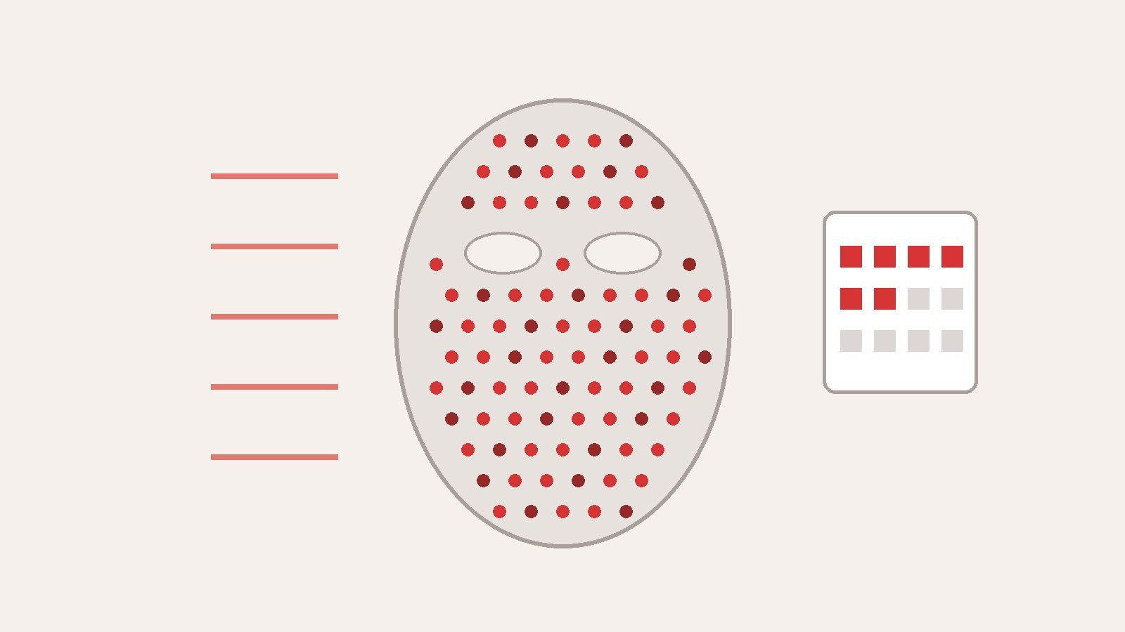 Illustration of an oval LED face mask with rows of red dots beside a small calendar grid