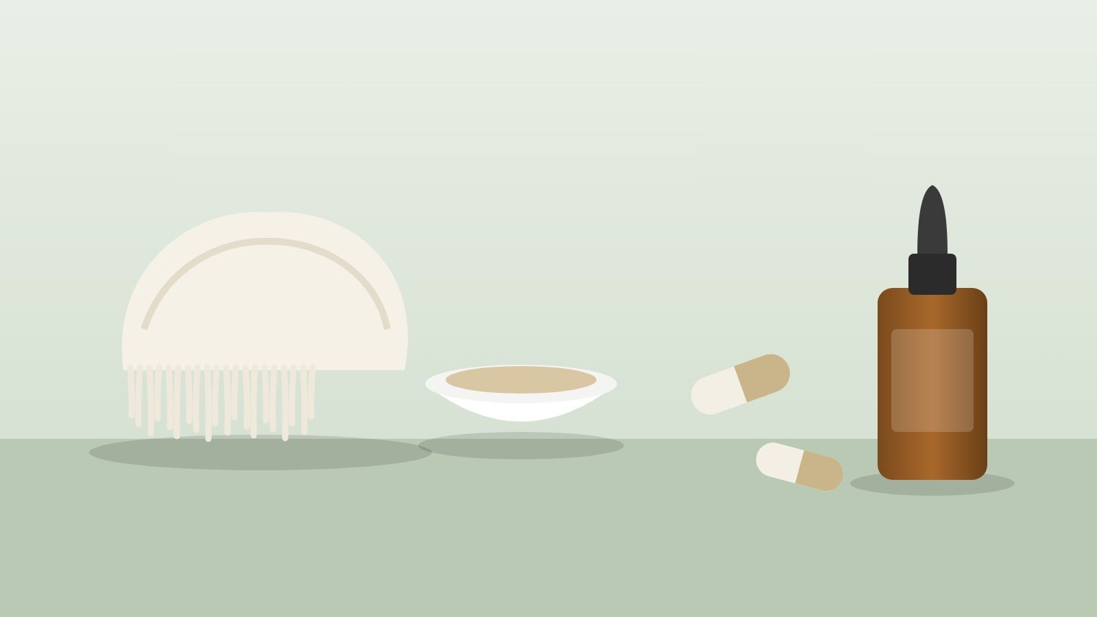Illustration of a white lion's mane mushroom with hanging spines beside a bowl of beige powder, two capsules and an amber dropper bottle with a blank label