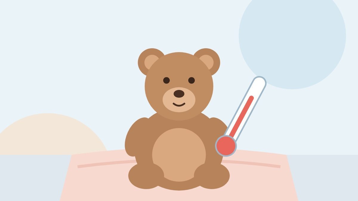 Illustration of a teddy bear sitting on a blanket next to a thermometer